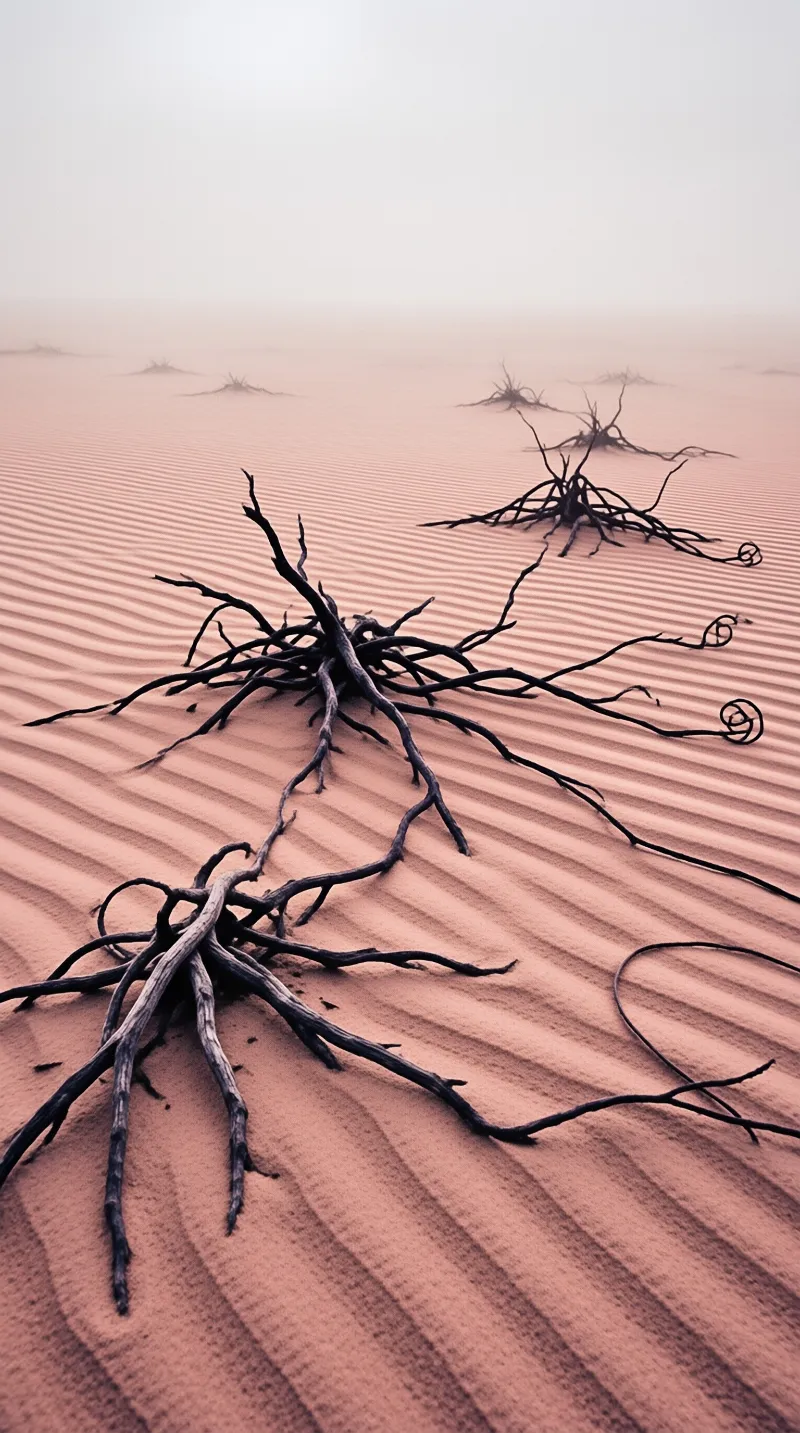 Gnarled roots protrude from rippled pink sand while thick fog obscures the distant horizon.
