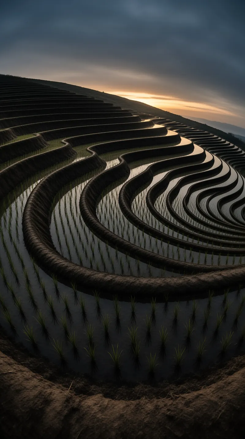 Sweeping curves of water filled rice terraces ascend a shadowed hill beneath a bright orange sunset sky.