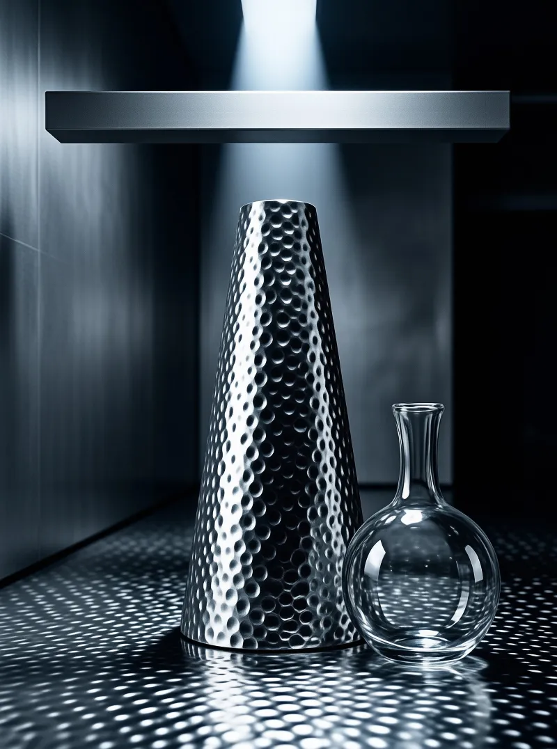 A dimpled silver cone stands beside a bulbous glass bottle, lit by a cool beam across a dotted surface.