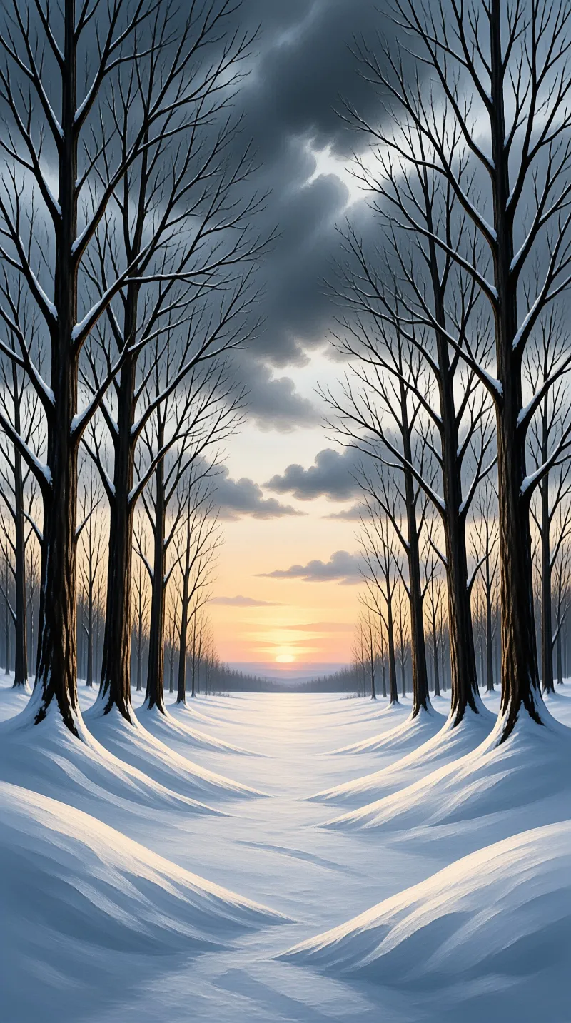 Tall leafless trees line a snowy clearing while a golden sun sets on the distant horizon.