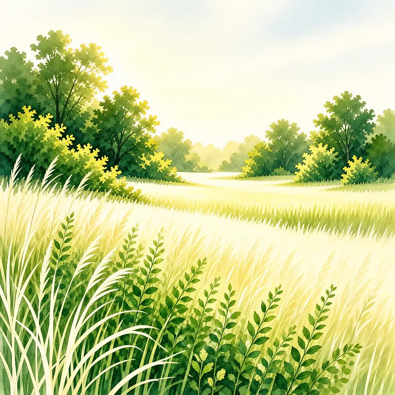 A gentle watercolor meadow shows tall pale grasses and leafy shrubs beneath a soft hazy treeline.