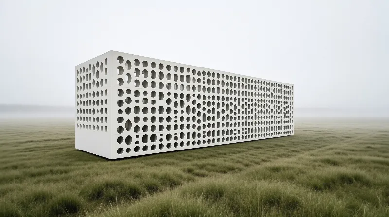 A low rectangular white pavilion with circular cutouts sits alone in a misty grassy expanse under pale overcast light.