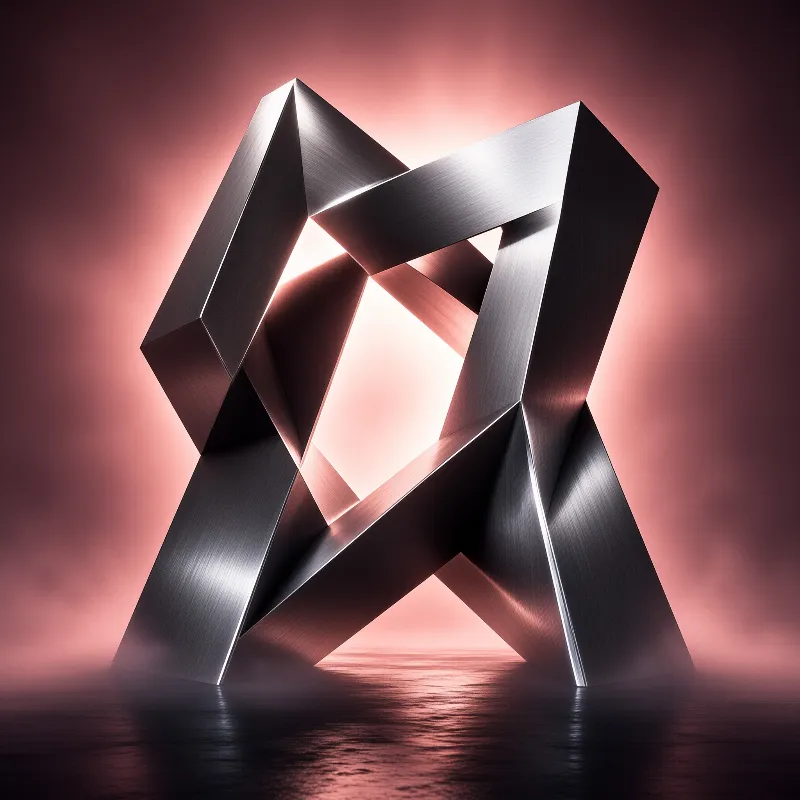 A large silver geometric structure hovers above a dark reflective surface bathed in pink fog and dramatic lighting.