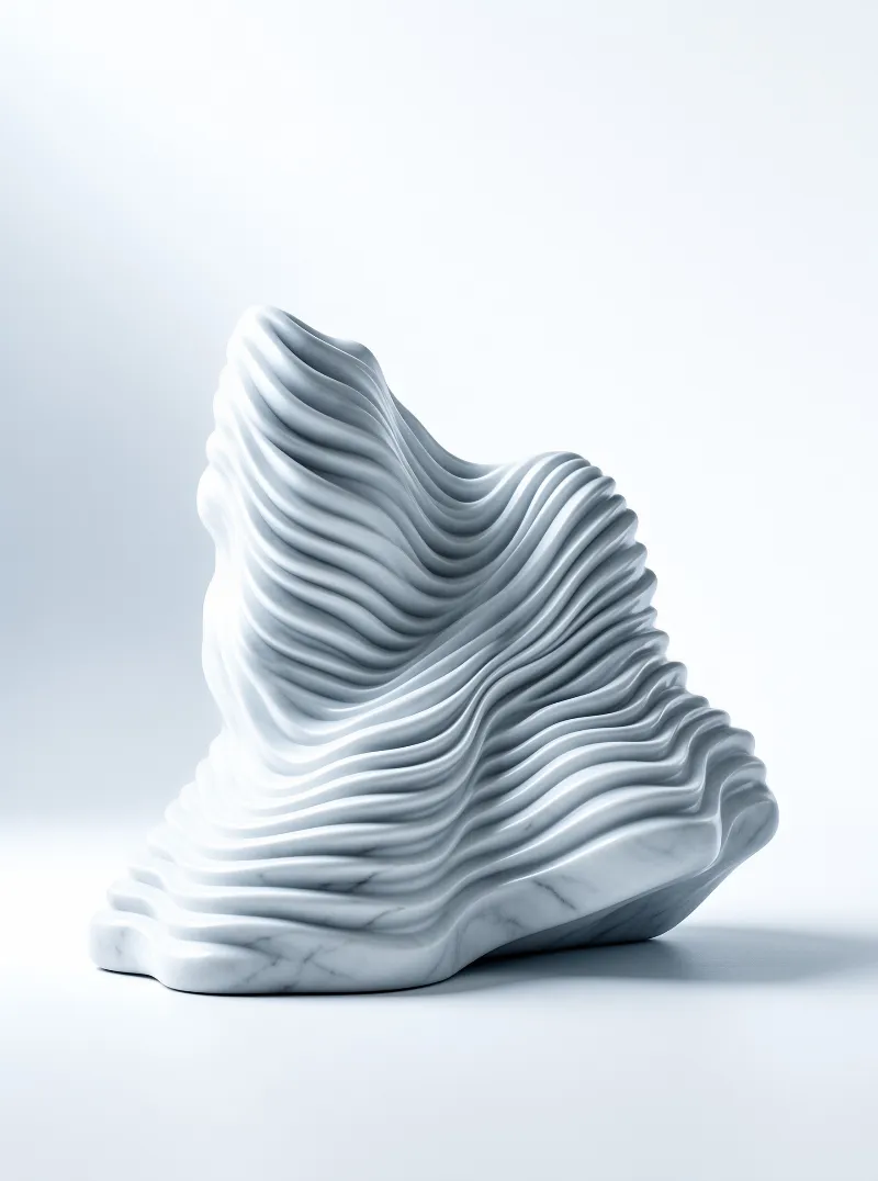 A white sculptural object with layered ridges resembling ocean waves sits on a seamless light surface.