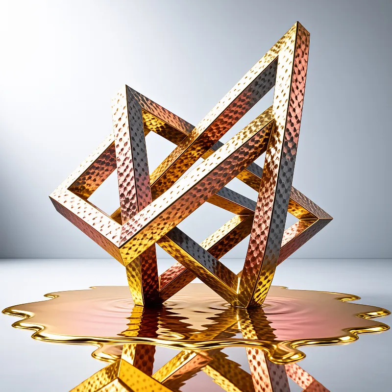 A geometric sculpture made of interlocking hammered copper beams stands in a pool of reflective golden liquid.