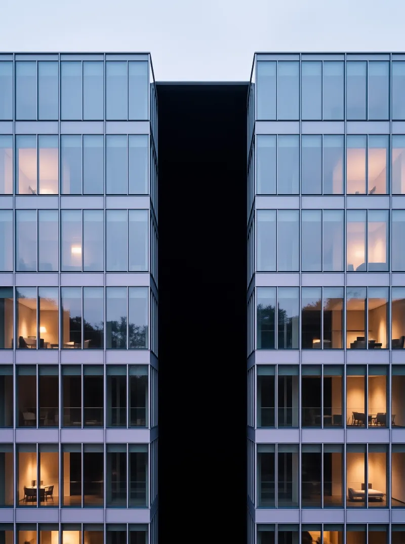 Twin glass structures stand apart with warm interior lights glowing behind blue windows during twilight.