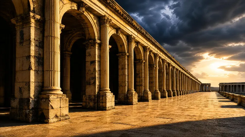 A long colonnade of weathered stone columns and arches under a dramatic sunset sky with dark clouds and golden light reflecting on the smooth pavement