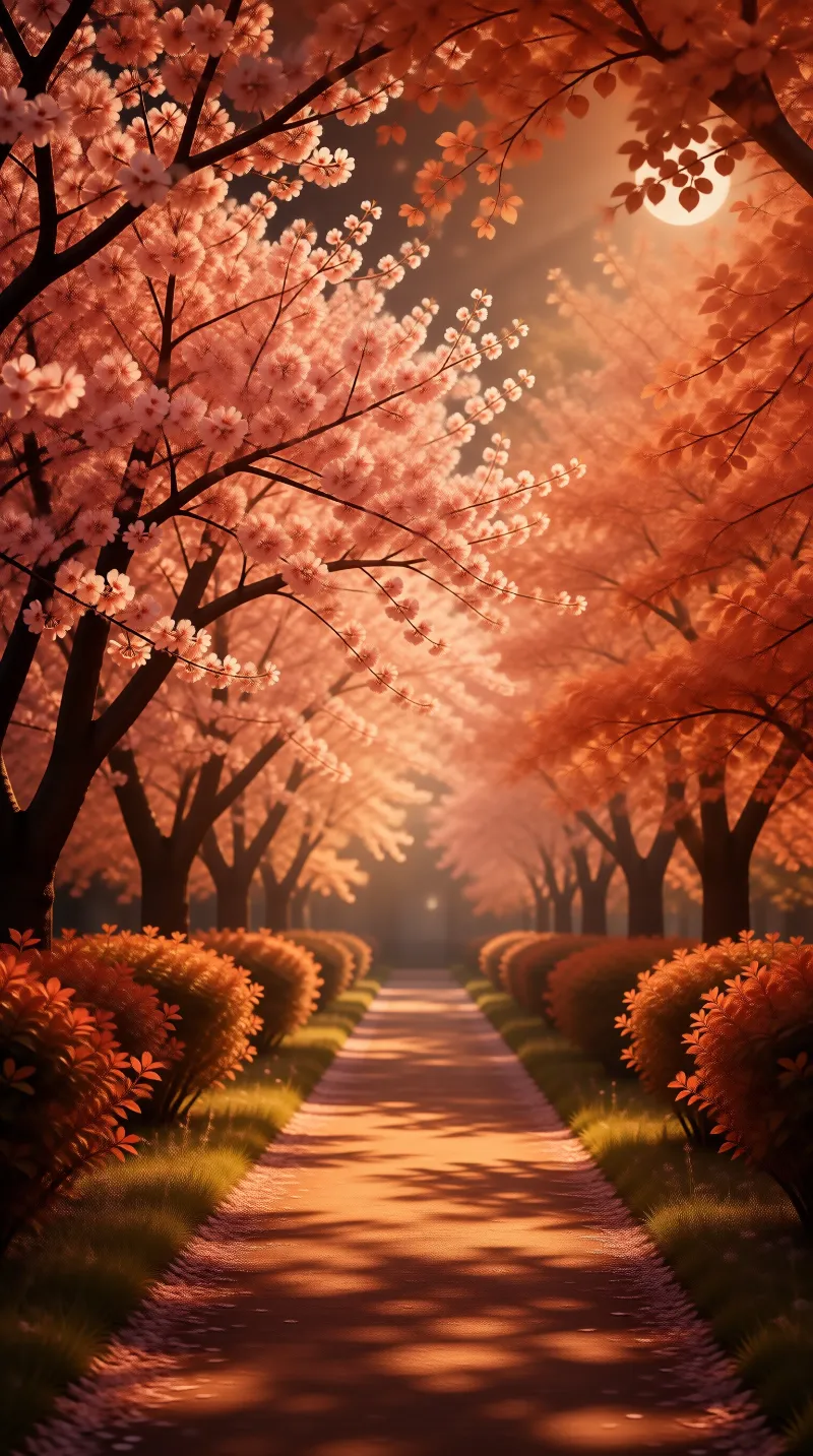 Cherry Blossom Path at Sunset