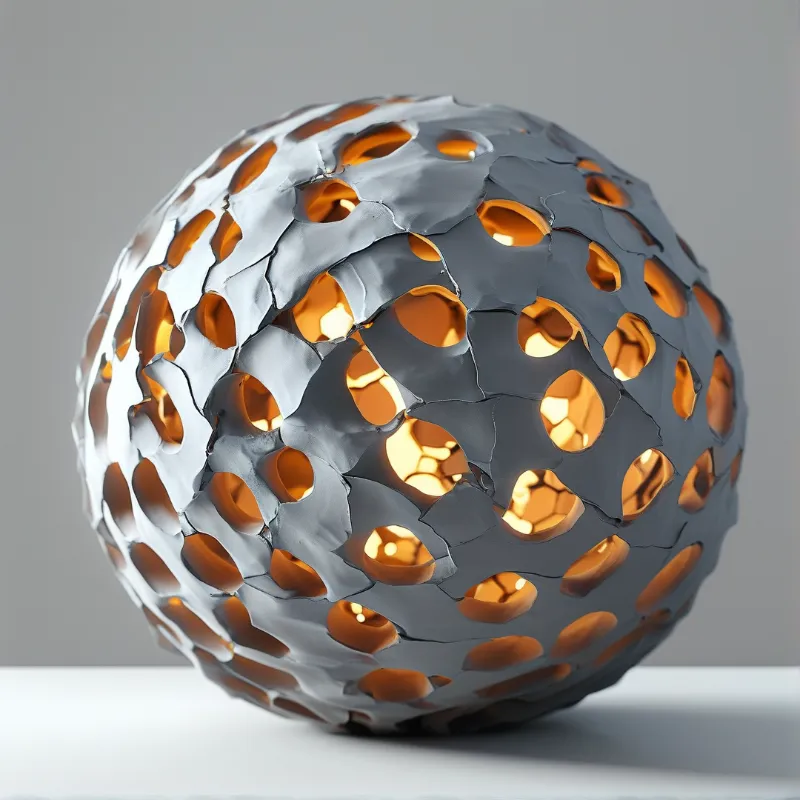 A silver sculpture with irregular holes reveals a warm amber glow radiating from its hollow interior.