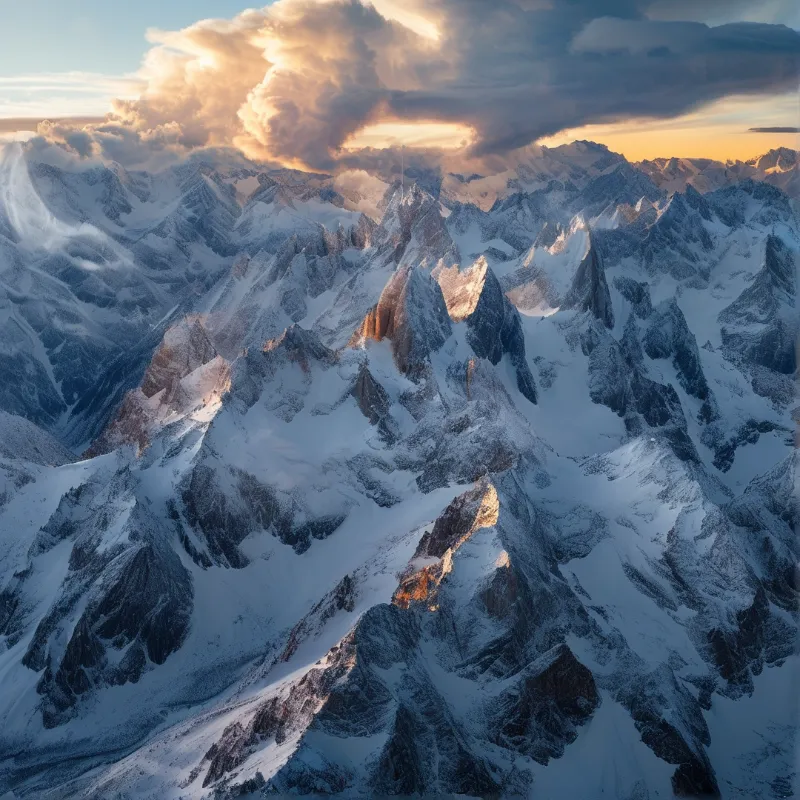 A rugged mountain range covered in snow with sharp peaks catching the warm light of a setting sun above dramatic clouds.