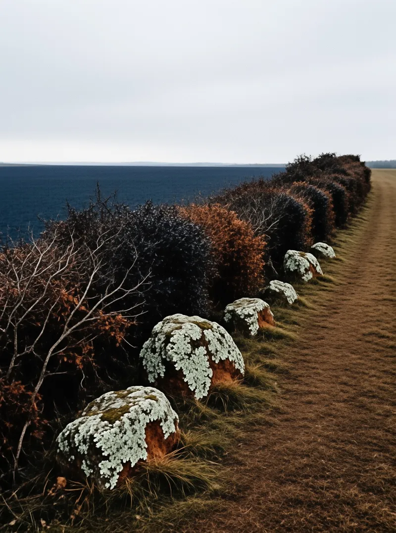 A row of large boulders covered in white lichen lines the edge of a grassy path next to dark bushes and the deep blue ocean under an overcast sky.