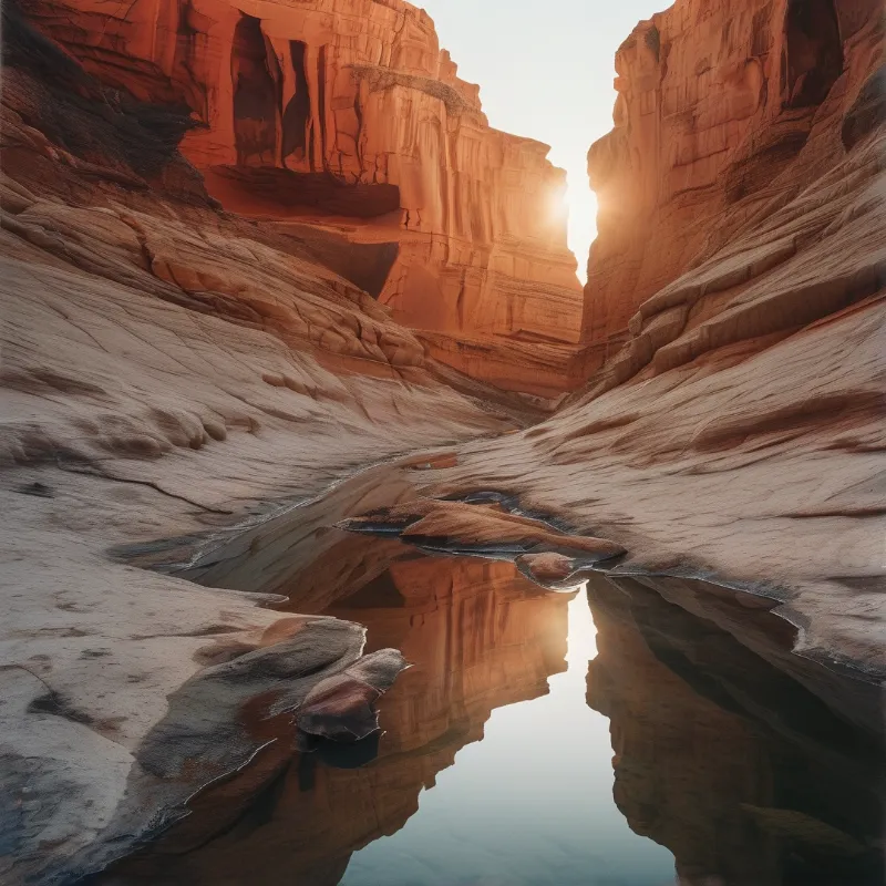 Red canyon walls tower over a pool of water reflecting the sunlight and rock formations.
