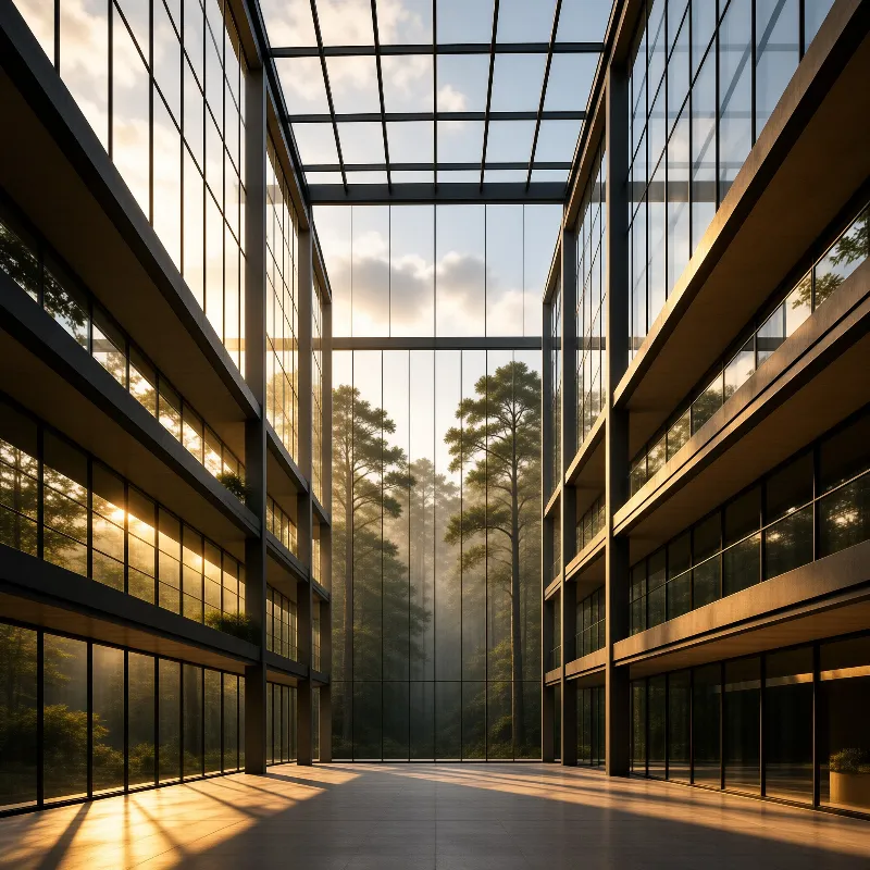 Warm light streams through a tall glass hall whose windows look out onto misty pine trees.
