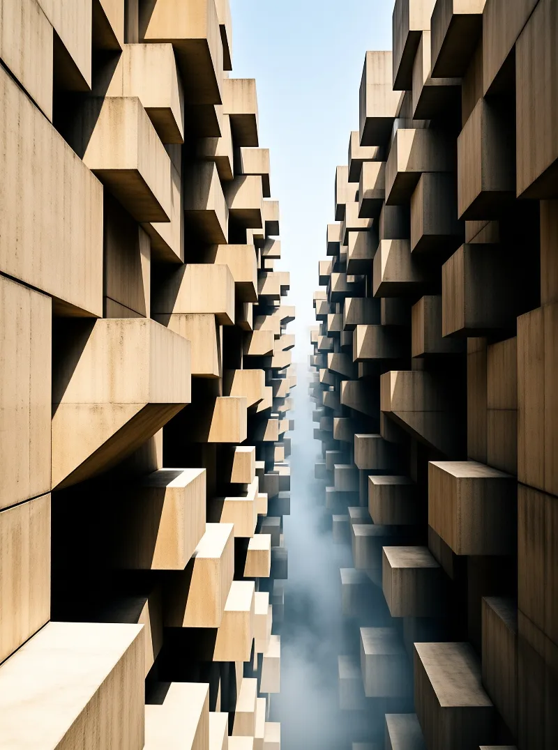 Staggered beige geometric blocks rise on either side of a long misty alley under clear pale blue sky.