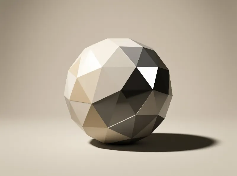 A faceted low poly sphere rests on a smooth beige backdrop, with soft studio lighting casting a dark shadow to its right.