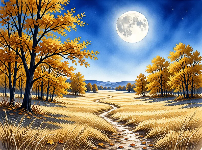 A winding dirt trail curves through golden autumn grass toward blue hills under a bright full moon in a starry night sky.