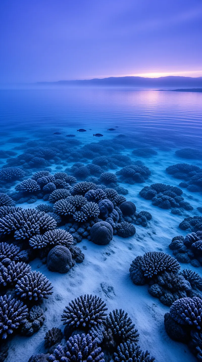 Underwater coral reefs cover the ocean floor while a purple twilight glows on the distant horizon above the water.