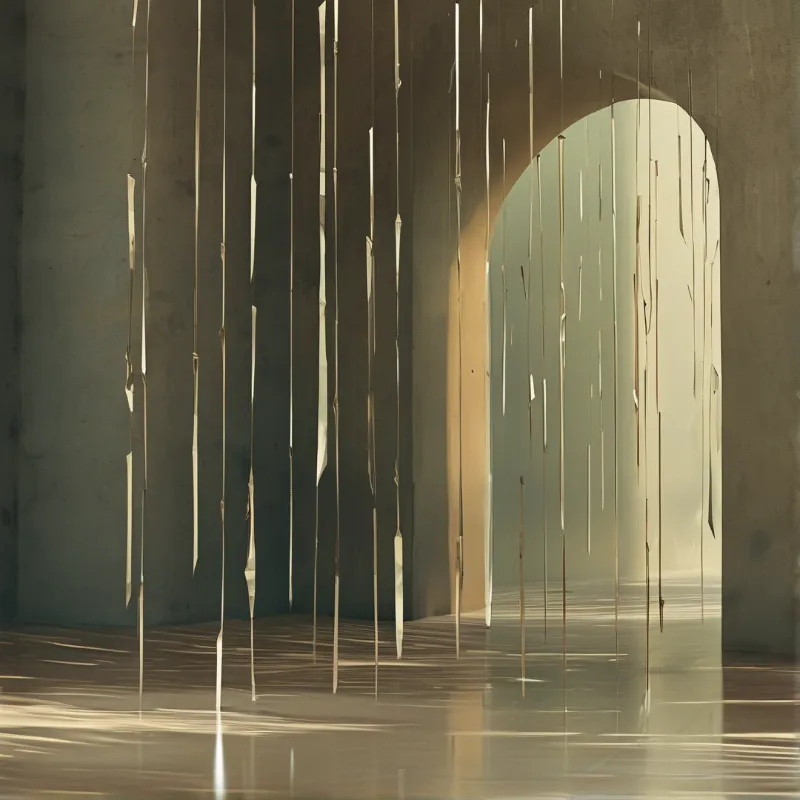 Thin vertical metallic rods hang before a curved archway, warm light reflecting off the glossy floor.