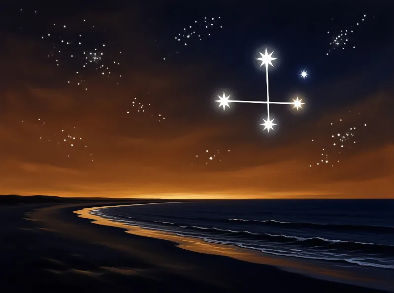 Bright cross-shaped stars shine in the night sky above a dark ocean beach with an orange horizon glow.