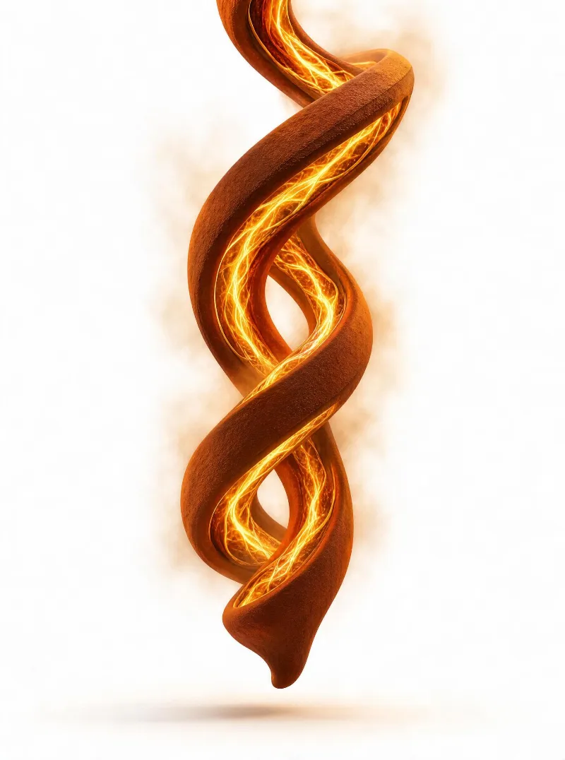 A brown, twisted spiral structure with a bright orange glowing center, set against a plain white background