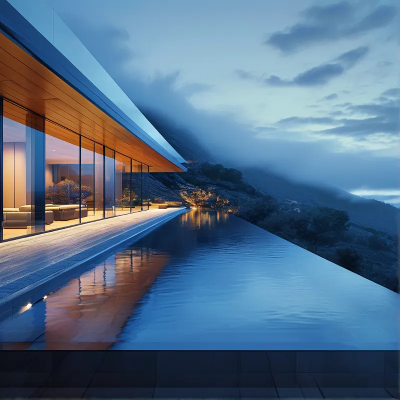 Floor to ceiling glass and a warm wooden eave overlook a long reflecting pool as fog rolls down the hillside.
