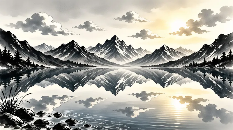 Calm alpine lake mirrors snow capped peaks and clouds under warm sunset glow, pine trees line the far mountain shore.