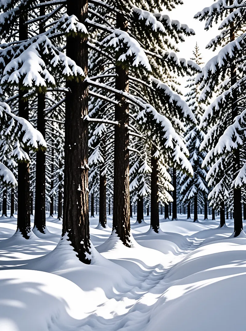 Tall evergreens stand thick over an undulating white blanket as low sun stretches blue shadows between trunks
