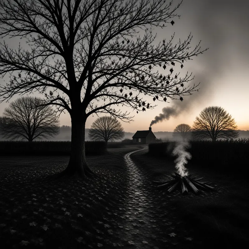 A massive leafless tree frames the left side of the scene while a small fire burns on the ground near a winding path that leads toward a solitary cottage with smoke drifting into a misty twilight sky.