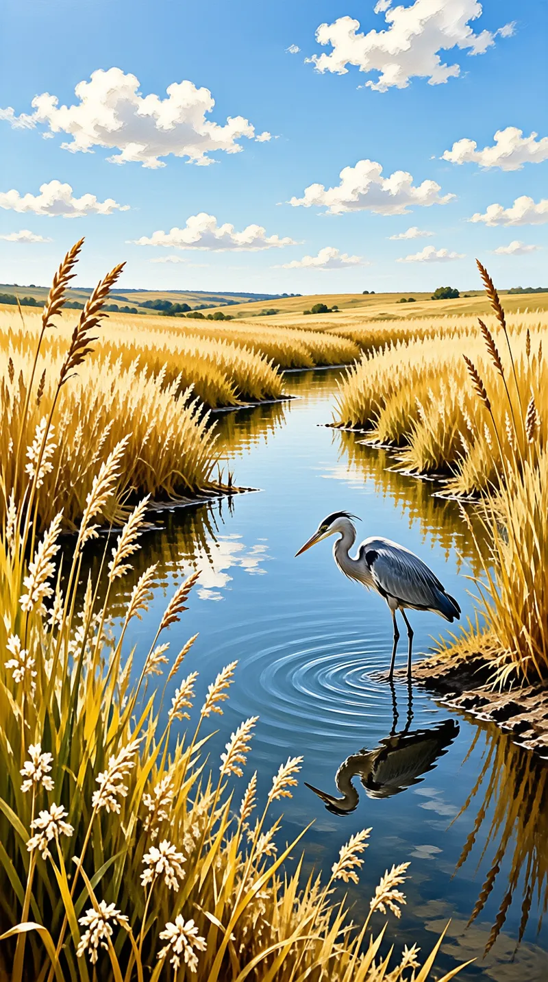 A grey heron stands in shallow water reflecting the blue sky while surrounded by tall golden grass and rolling hills.