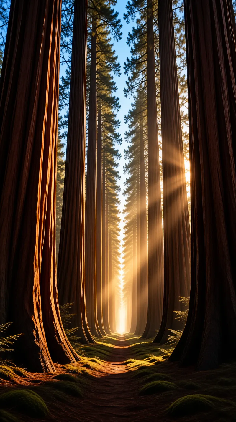 Tall trees form a corridor as golden sunbeams pierce the canopy above a mossy forest path.