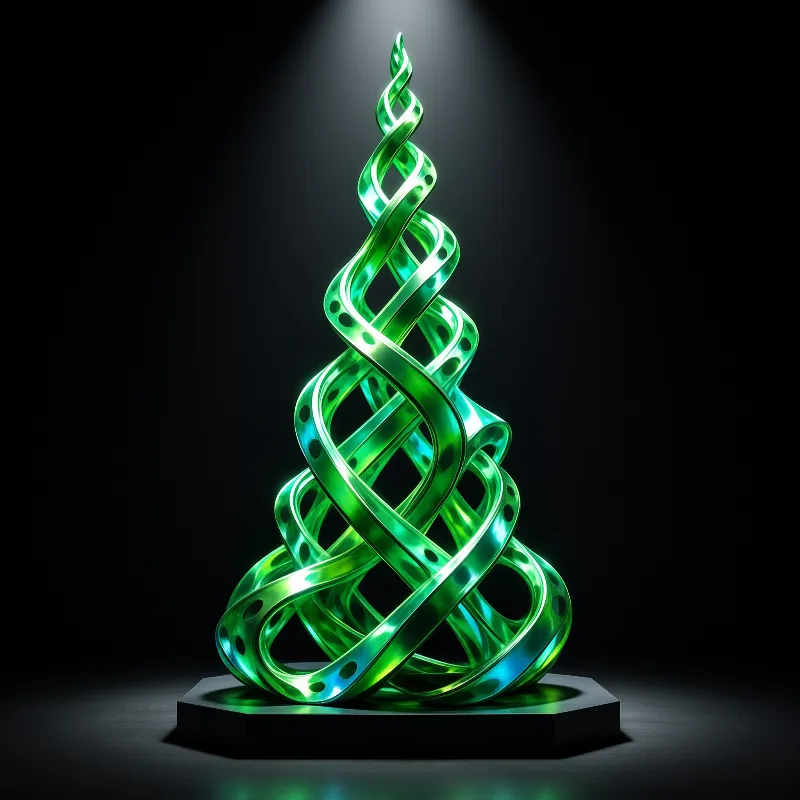 Glossy green metal bands braid into a tapering spiral lit from above against a black studio