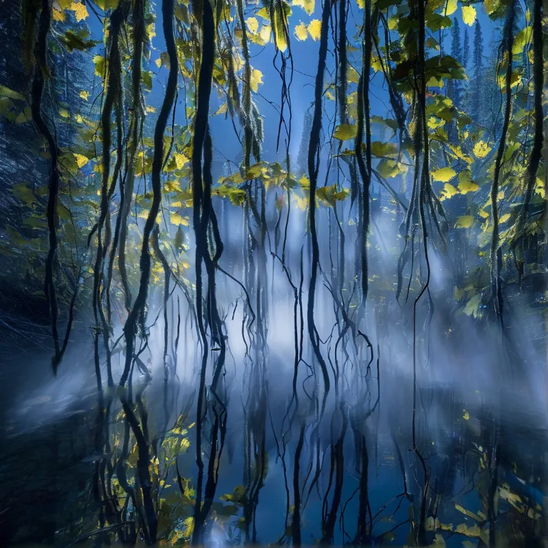 Dark hanging vines frame a view of yellow leaves and blue sky through a thick layer of white mist.