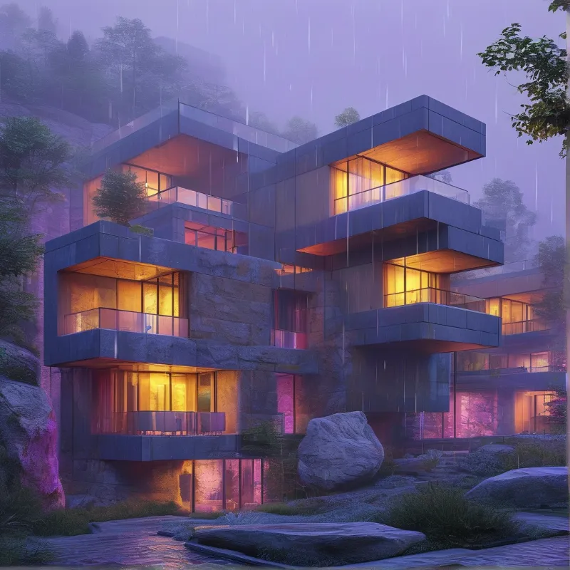 Stacked boxy wings of a hillside house glow amber from within while fine rain falls through violet mountain fog.
