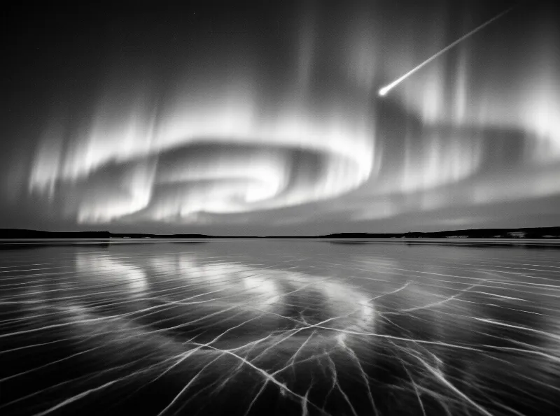 A black and white view captures a swirling aurora borealis above a vast frozen expanse with a bright meteor streak.