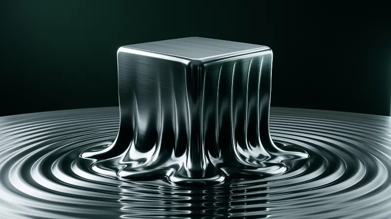 A polished metal cube begins to melt into a rippling liquid surface beneath dramatic lighting.