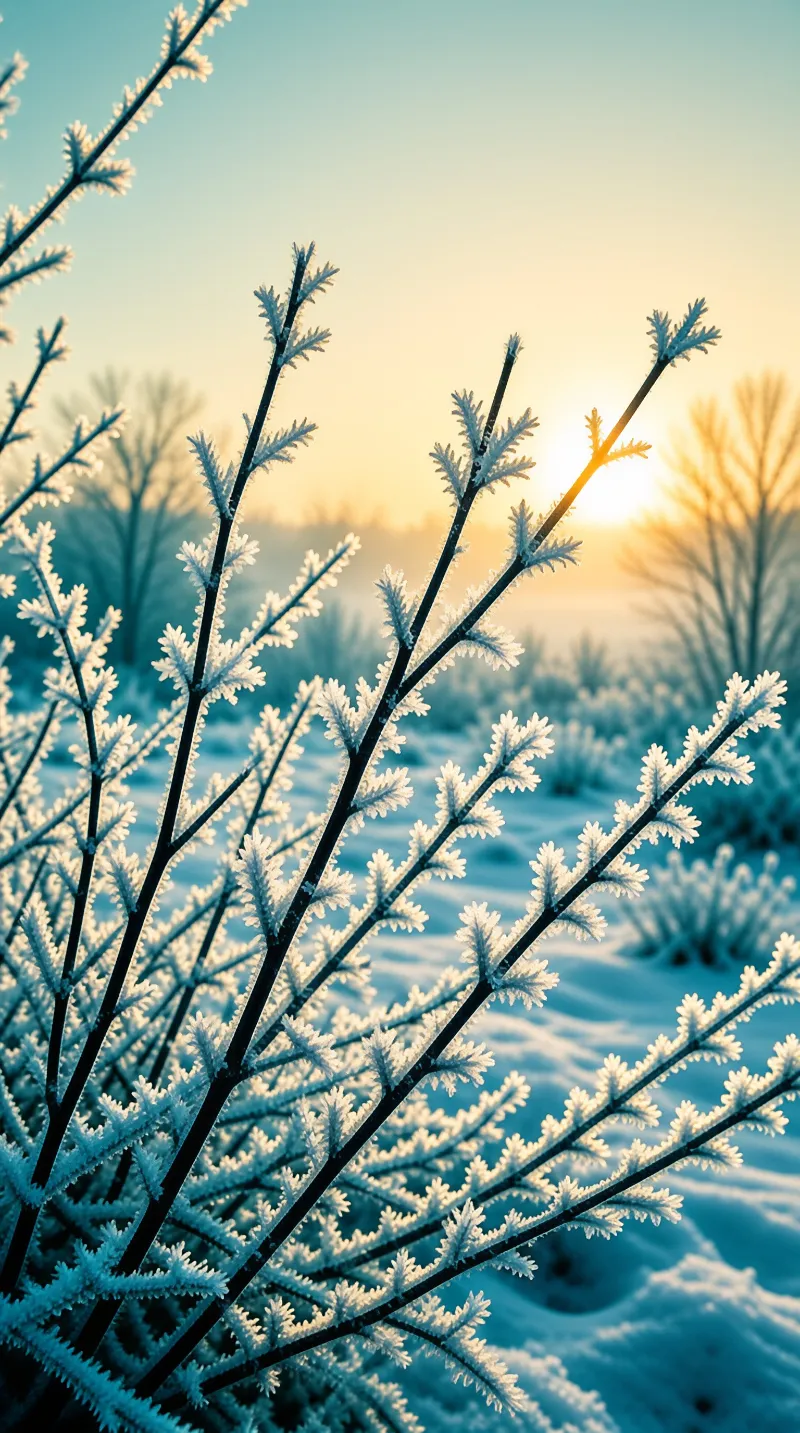 Feathery ice needles line every slender branch while a pale sun burns low through cold blue haze.