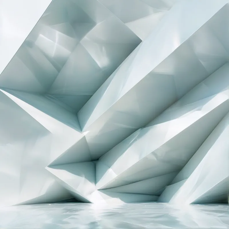 Pale blue angular shapes rise from a reflective surface, forming faceted structures with sharp geometric edges.