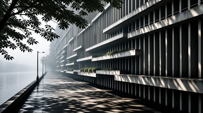 A concrete colonnade with vertical fins and balconies runs beside a misty lake while tree shadows fall across the walkway