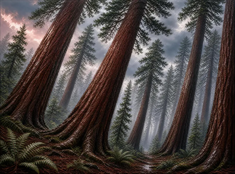 Towering giant sequoias with wet, textured bark stand in a misty forest, with smaller pine trees and ferns at their bases under a gray, cloudy sky.
