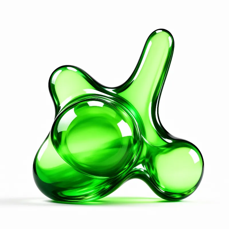 A glossy lime-green glass object with bulbous fused lobes and a torus ring sits on a seamless white studio backdrop.