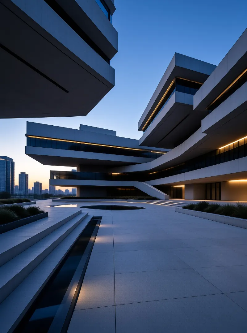 Minimalist white architecture glows with warm interior lights against a deep blue twilight sky.