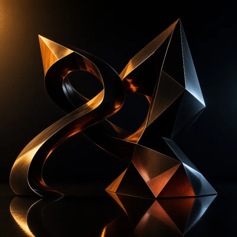 A brushed metal band curls through space and threads past an angular faceted form on a dark reflective floor