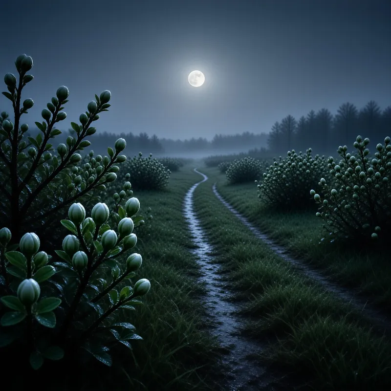 A dark pathway winds through rows of bushes with white buds under a foggy night sky illuminated by a bright moon.