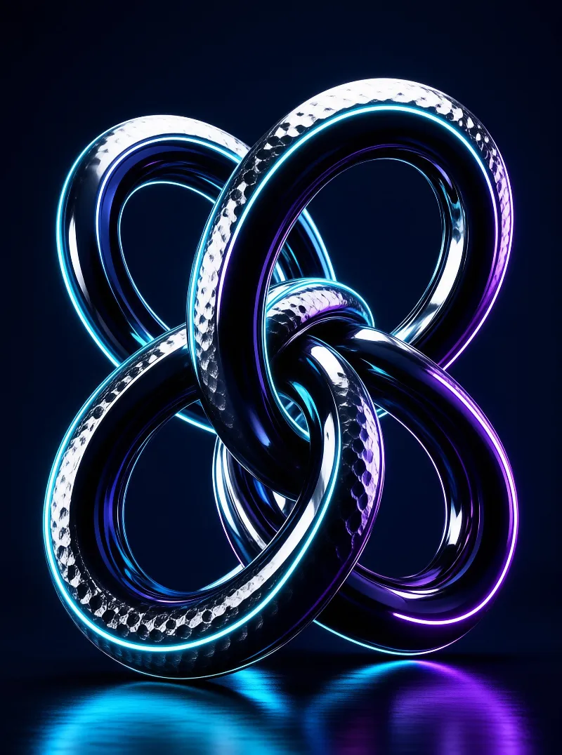 Polished metal loops weave through one another, each rim traced in glowing blue and violet light.