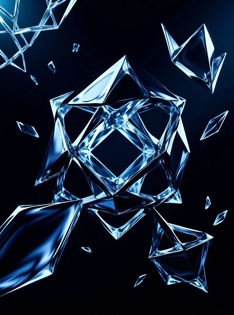 A translucent crystalline geometric solid splintering into floating shards against a deep midnight blue void.