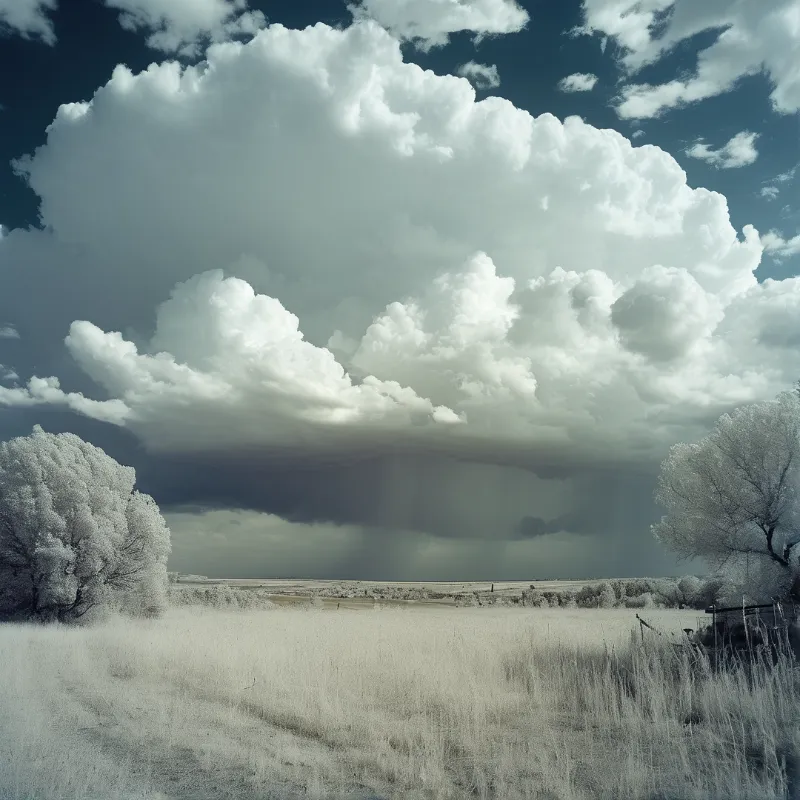A colossal white cloud mass hangs over a pale meadow and frost bright trees in an infrared view.