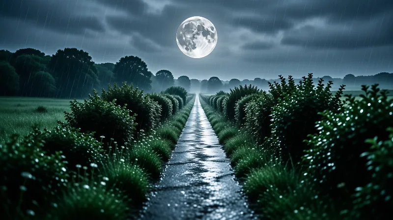A rainy night path reflects a giant full moon while green bushes line the sides under a dark sky.