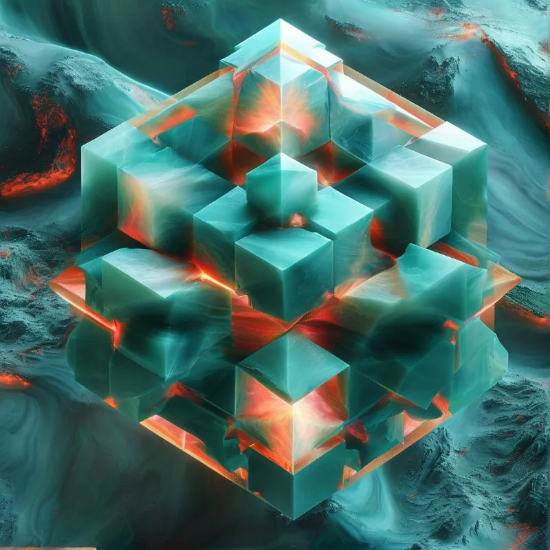 A recursive geometric formation of translucent teal cubes with glowing orange cores floats above a swirling liquid surface.