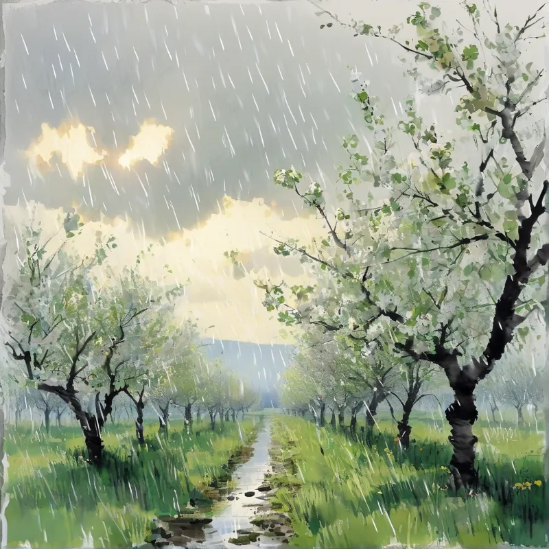 A grassy path runs between trees under a rainy sky where bright yellow sunlight breaks through the clouds.