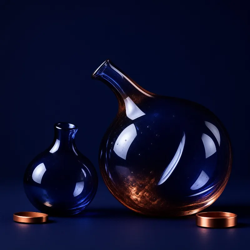 Two translucent blue glass decanters of different sizes sit on a dark blue surface alongside small copper rings.